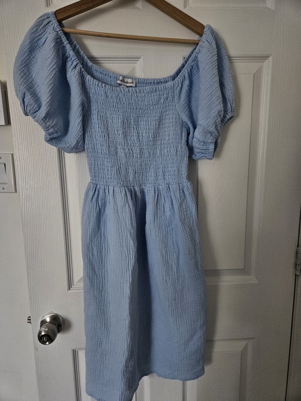 Rose Maternité 100% Cotton Dress Light Blue Puff Sleeve Smocked Midi Dress